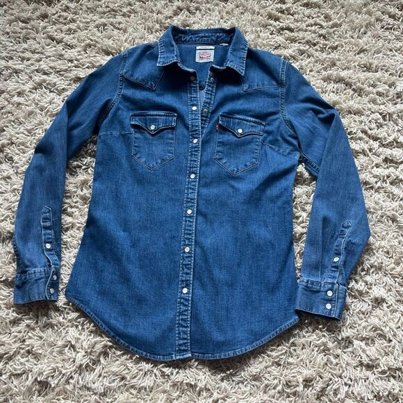 Levi's Western Shirt Womens M Blue Denim Cotton Tailored Fit Cowboy Pearl Snap - Picture 1 of 11